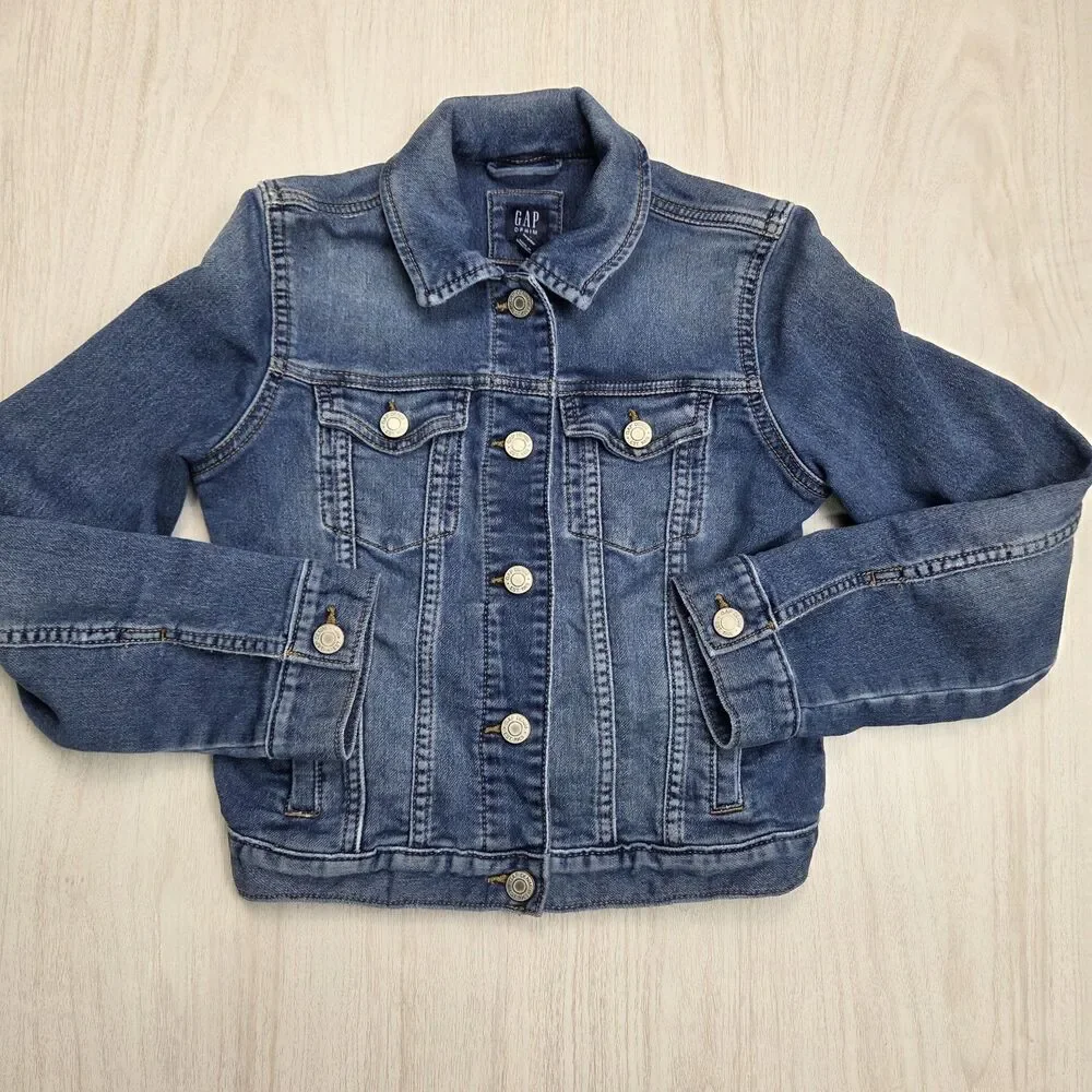 Gap Kids Girls Classic Denim Jacket Large 10 Medium Wash Snap Buttons Pockets